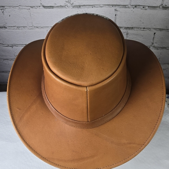 Tan Leather Cowboy Hat With Real Cowhide Hair Inset Euc - Picture 8 of 9